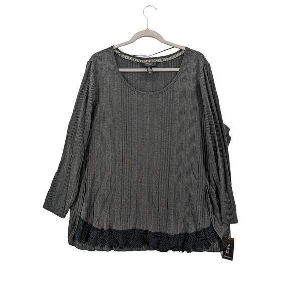 Style & Co Blouse 2X Gray Lace‎ Trim Hi Low Plus Long Sleeves Side Slit Crochet - Picture 1 of 11